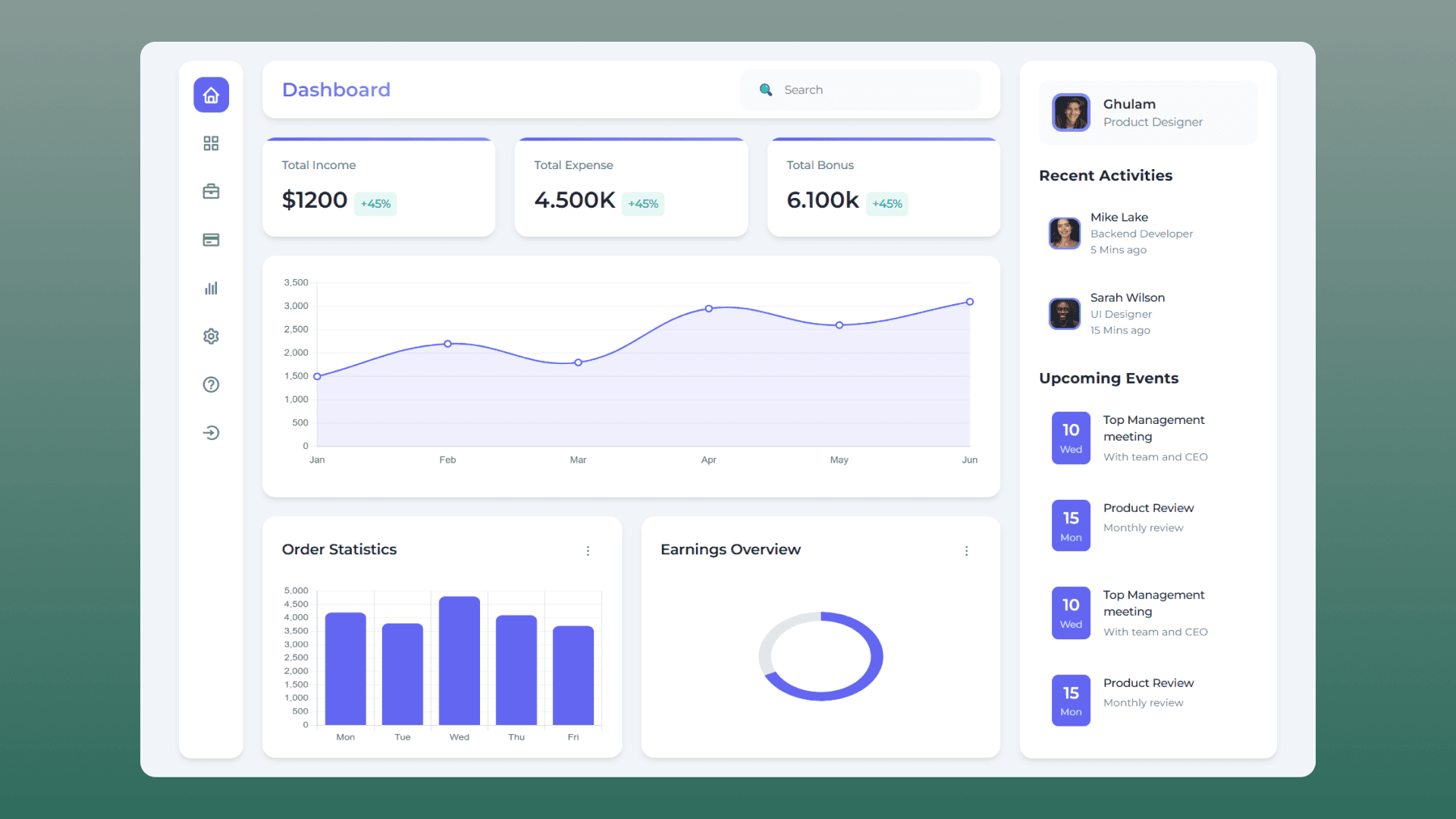 Modern dashboard with sidebar menu, charts and a calendar widget