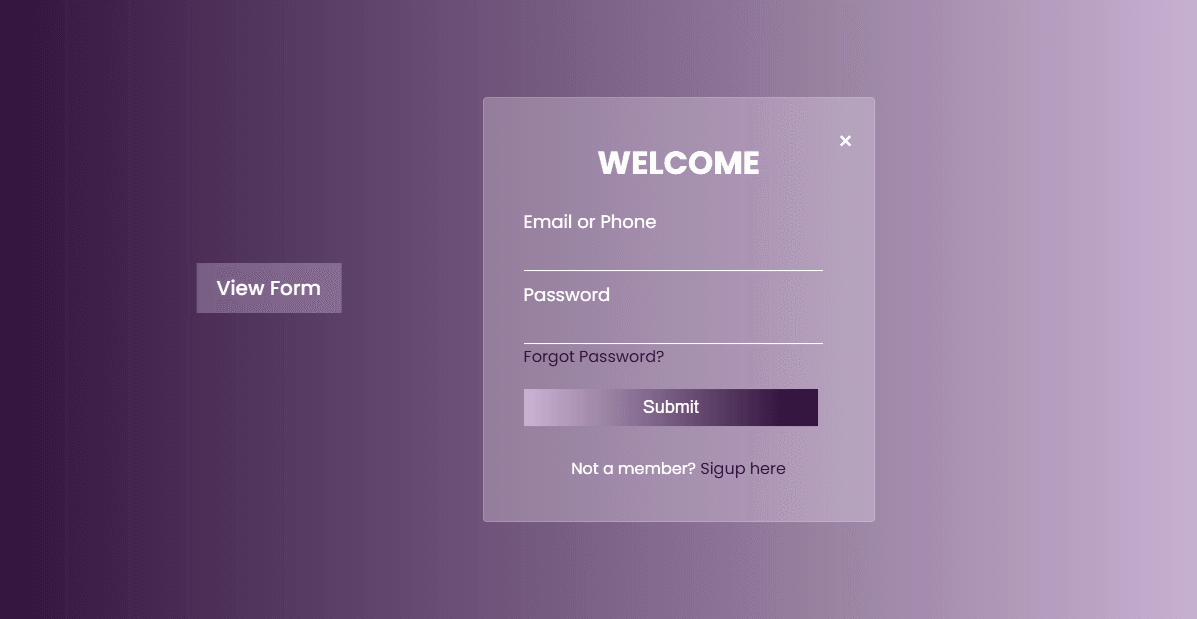 Popup modal login form with glass morphism effect