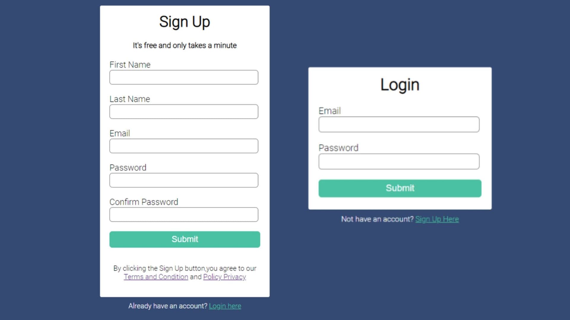 Combined sign-up and login form with tabbed switching