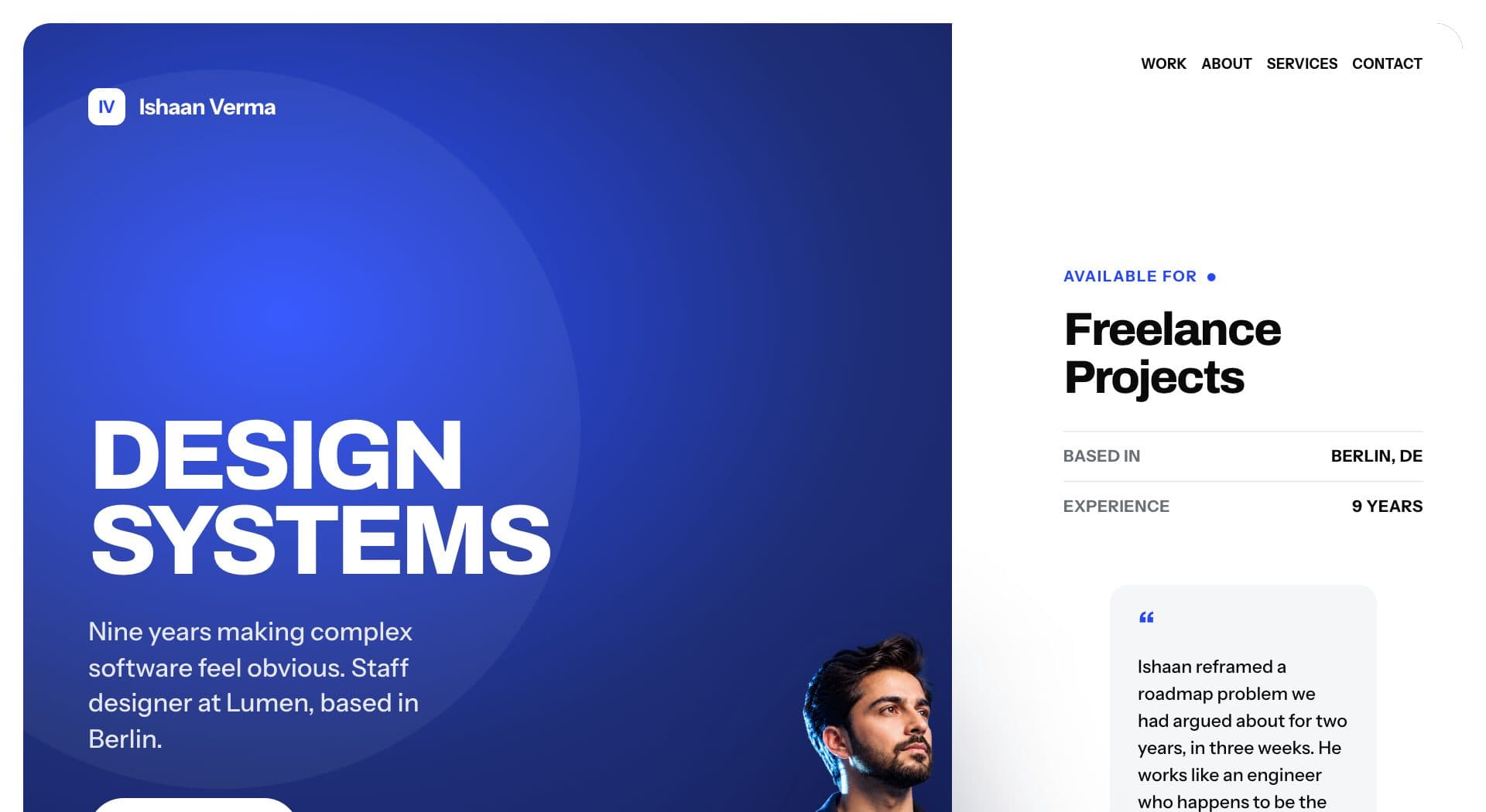 Portfolio hero section with oversized headline and portrait